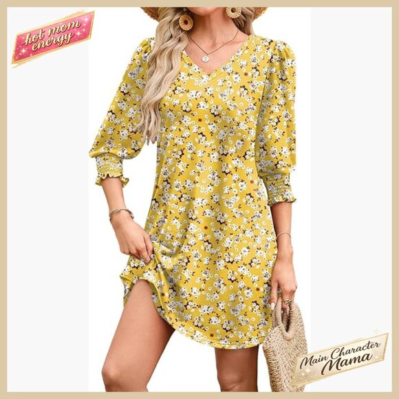 Dresses & Skirts - Boho Chic Midi Dress with Puff Sleeves Flowy Vacation Sundress Pockets